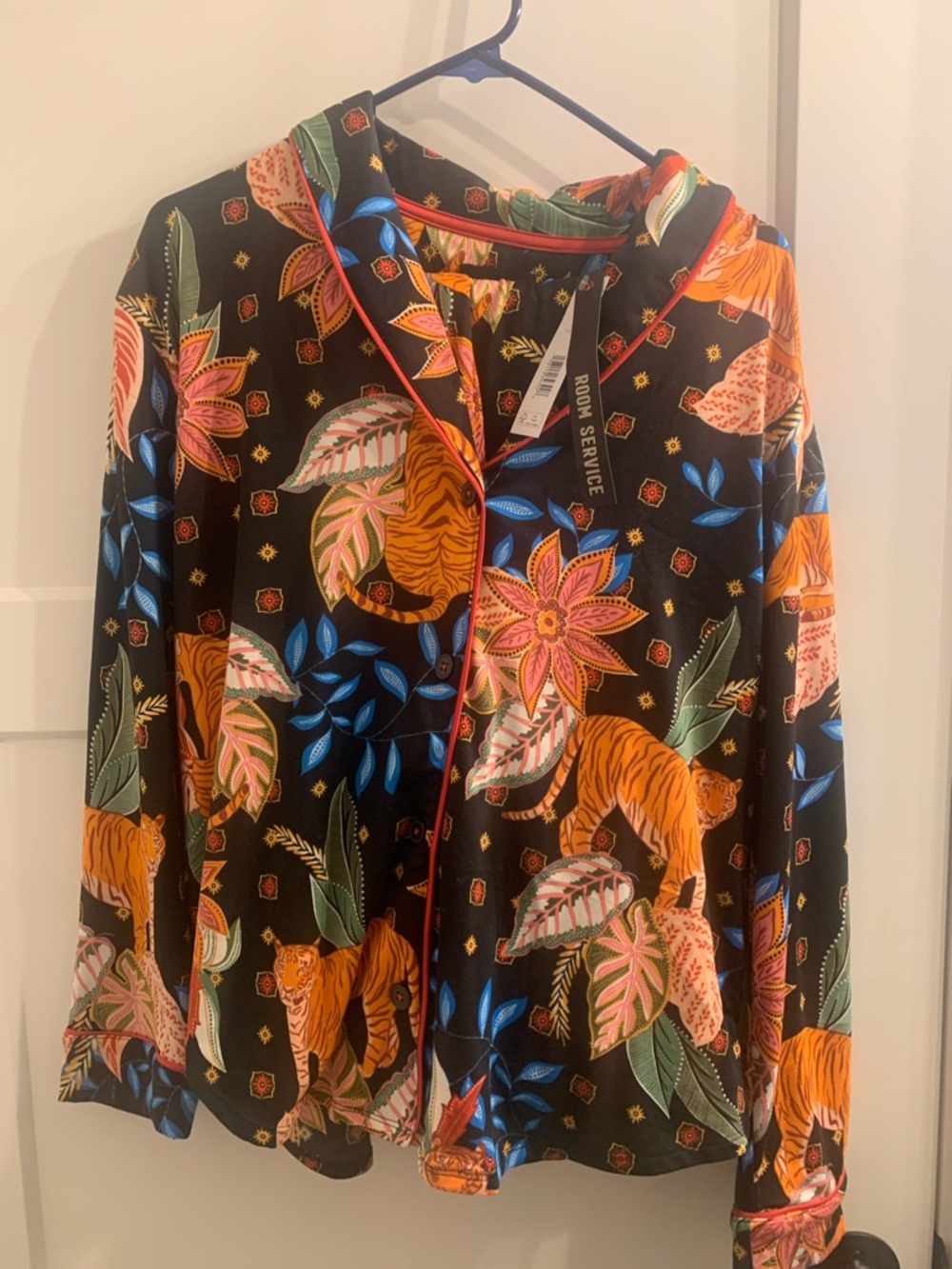 Room Service Tropical Print Button-Up Pajama Set - Black with Orange & Pink